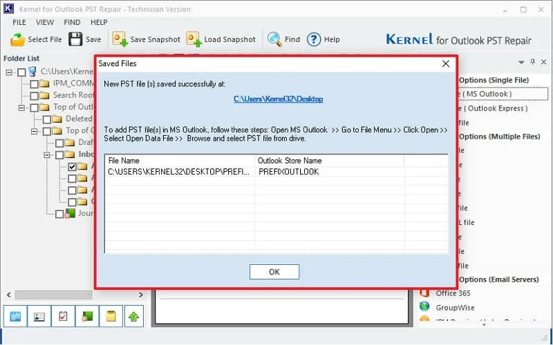 Your new healthy PST file is saved at the provided location