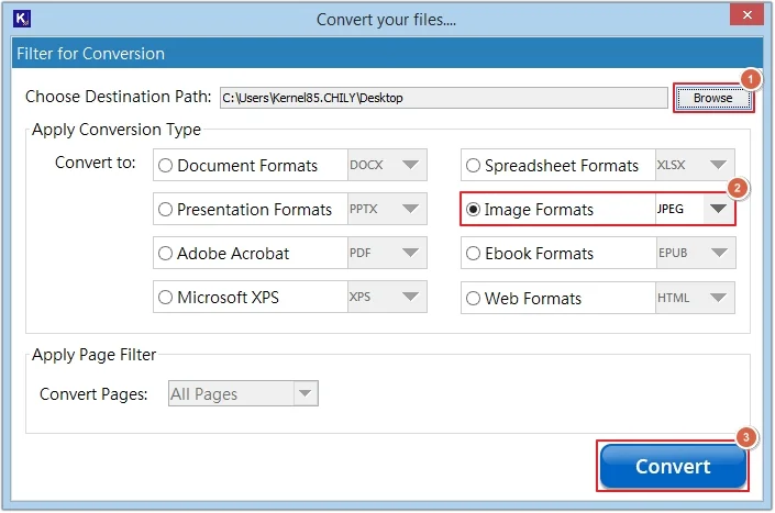 provide saving location and select JPEG/JPG