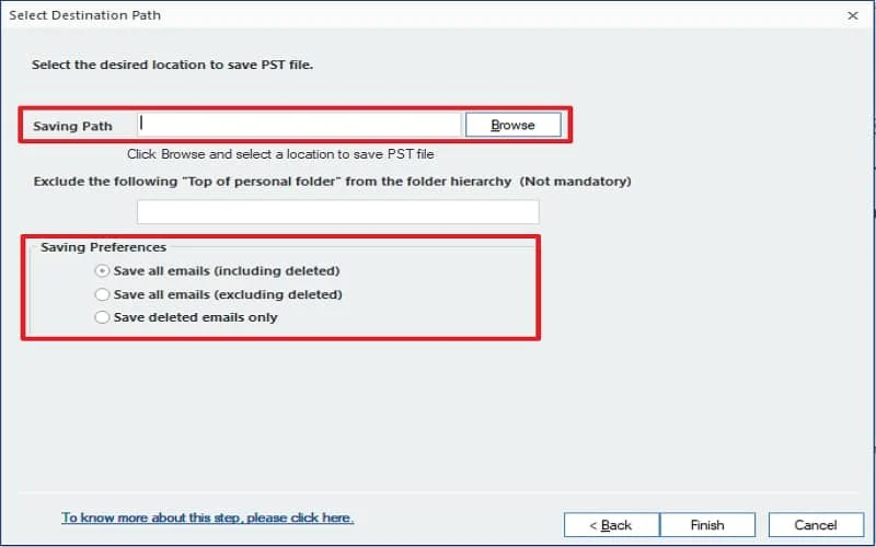 Now click on Browse to provide the location to save PST files