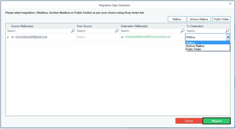 Select any option from drop down list and click migrate