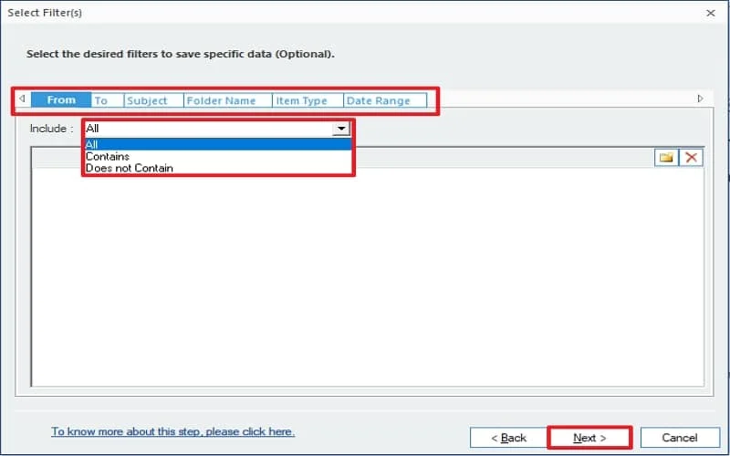 Apply the filter to save specific data in the new PST file