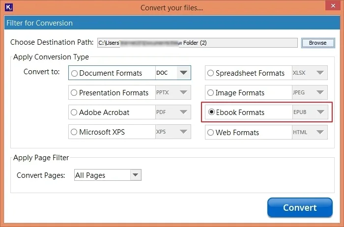 select output format as EPUB 