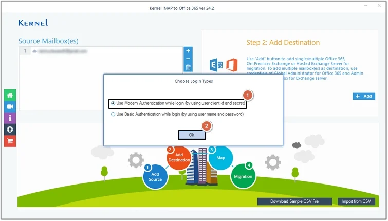 Select use modern authentication while login option and click ok
