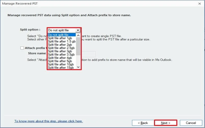 Manage the PST file data using the Split option containing various file sizes