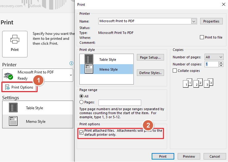 To print attachments click print options then click print