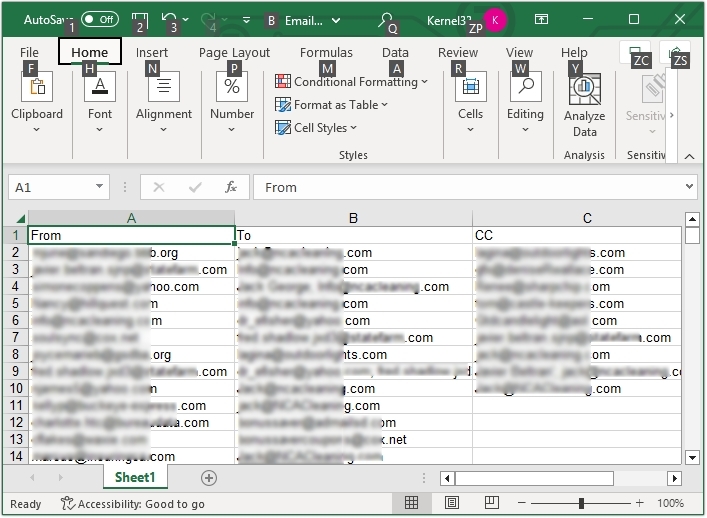 email addresses are saved in a single excel sheet