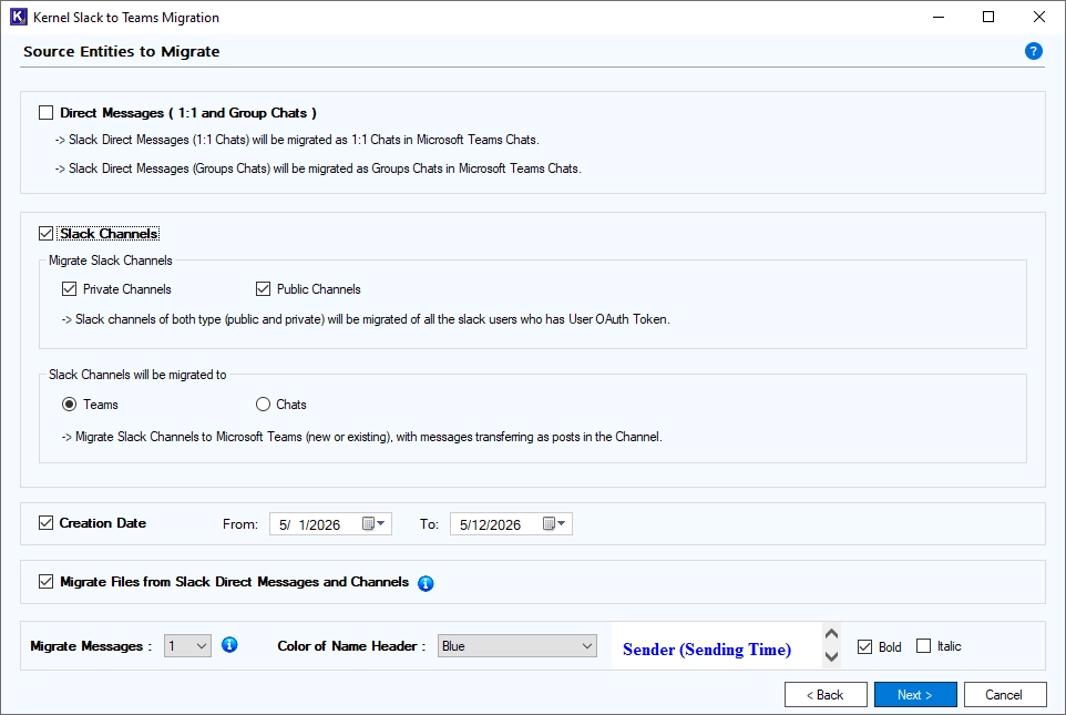 go to Slack Channels select Teams in the Slack Channels and Apply Date Filter Select Migrate Files from Slack Direct Messages and Channels