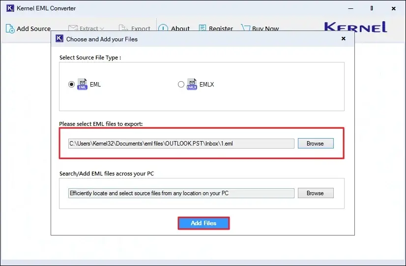 Select Source File Type as EML