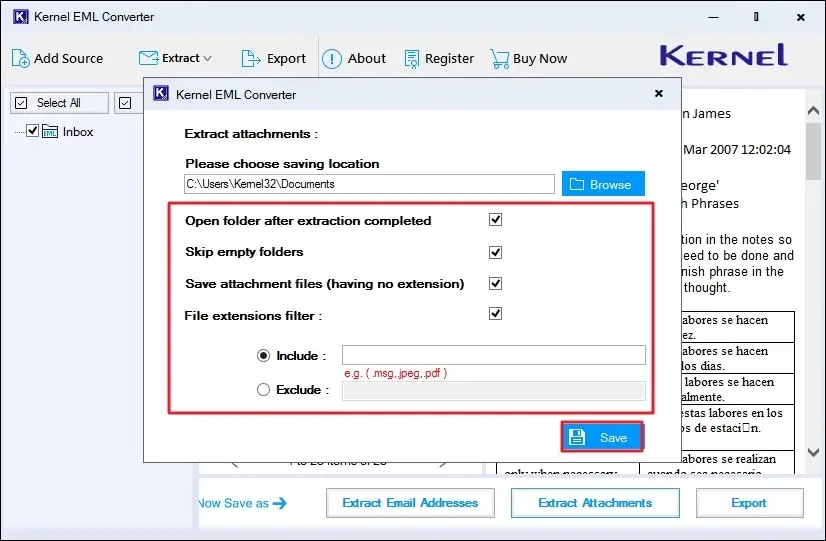 select saving location and apply required filters