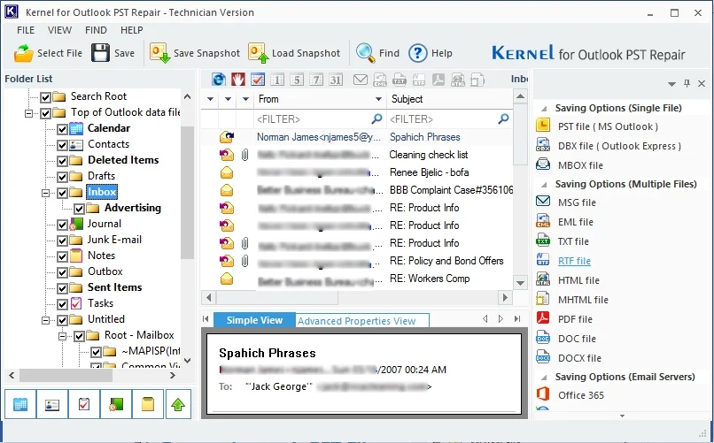 preview the mailbox items