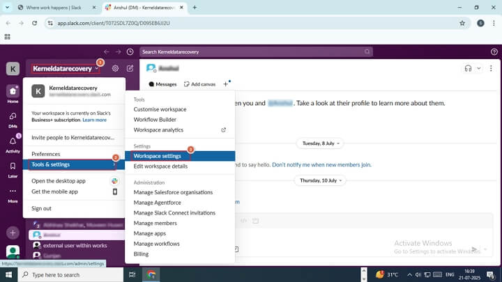 Go to the Workspace Name IN Slack account