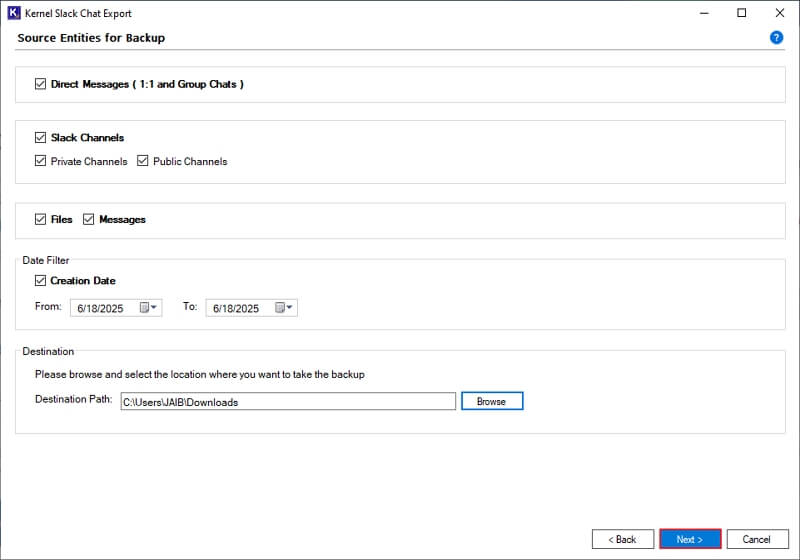 click Next to start the backup Slack chat history