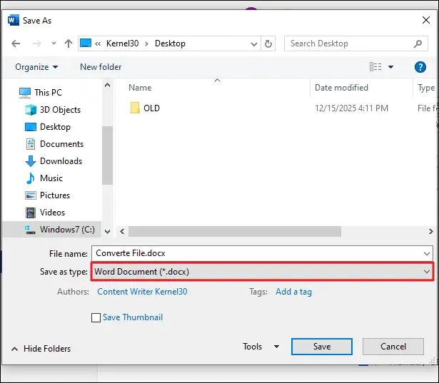 Click Save as type and choose the Word Document