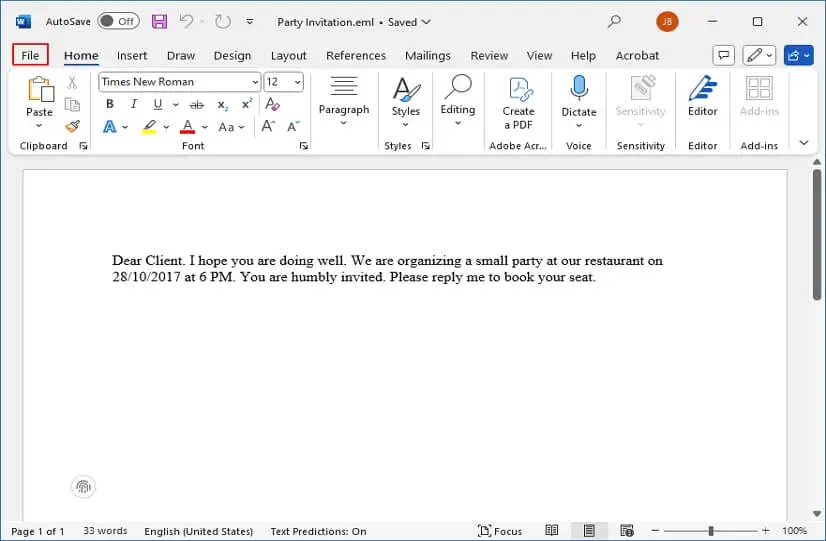 EML file content will appear then click on file