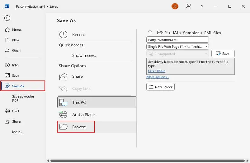 Click on save as and then select browse