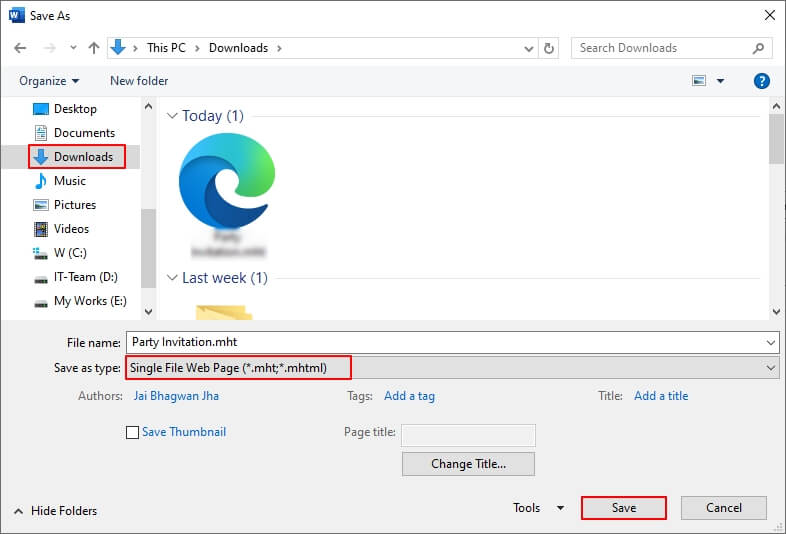 select saving output option as MHT