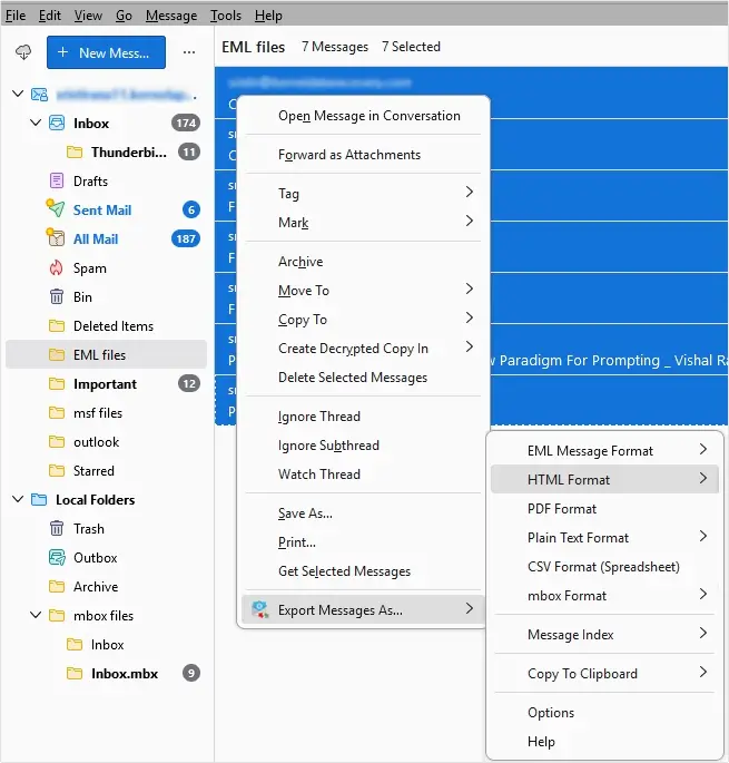 Select export messages as and click html format