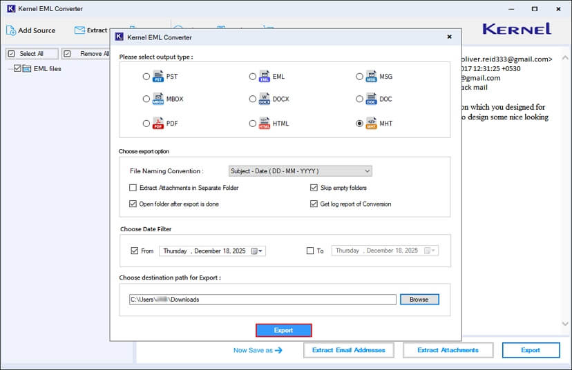 Click Export to start converting EML files to MHT