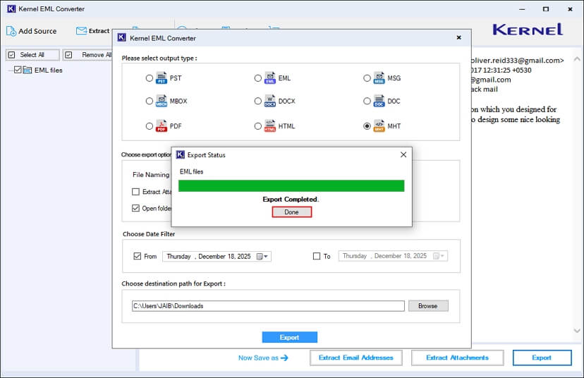 Successfully Export EML to MHT