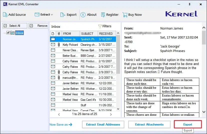 Select any EML file and click export