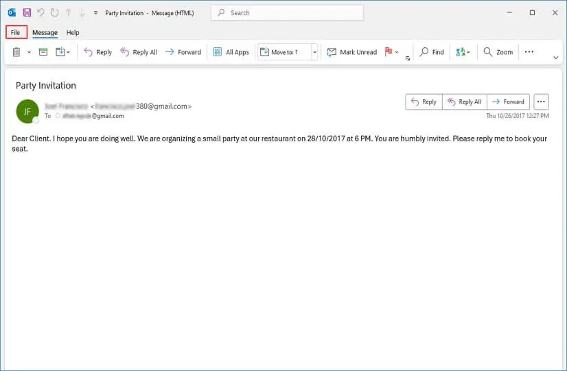 Open EML in Outlook and click on file
