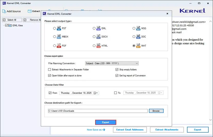 Click on export to convert eml to mht