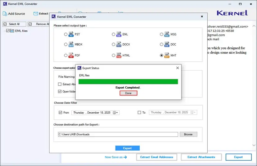 Click on done after export completed message appears