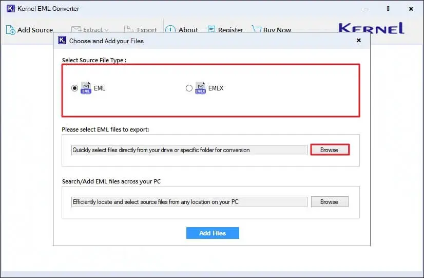 Add EML files and click on add files