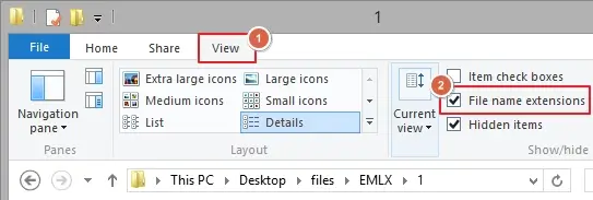 open file explorer then click on view and enable file name extensions