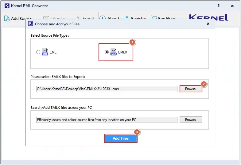 Click Browse to upload EMLX files
