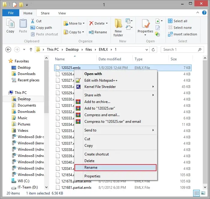 Right click on EMLX file and click rename