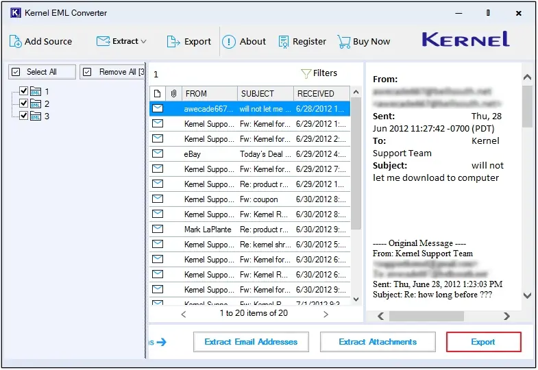 Preview emails then click on the Export option