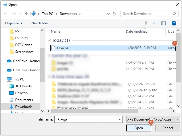 Select OXPS file and click on Open