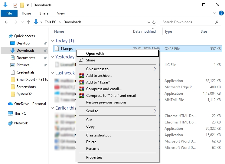 right click on oxps file then select Open with option
