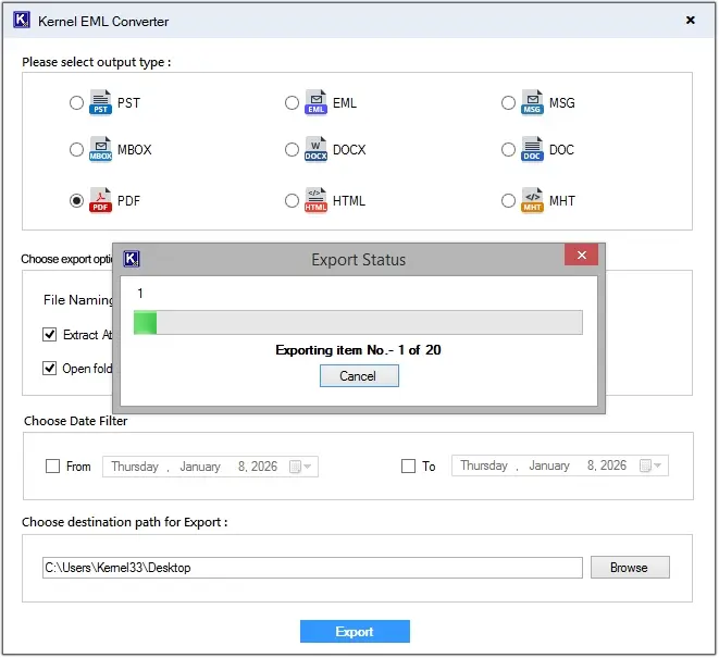software will start converting EMLX to PDF