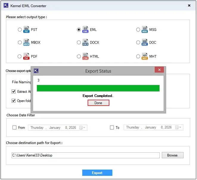 Tool will show the Export Completed message