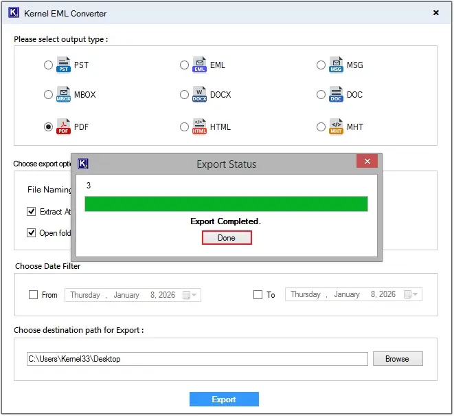 EMLX to PDF conversion is completed