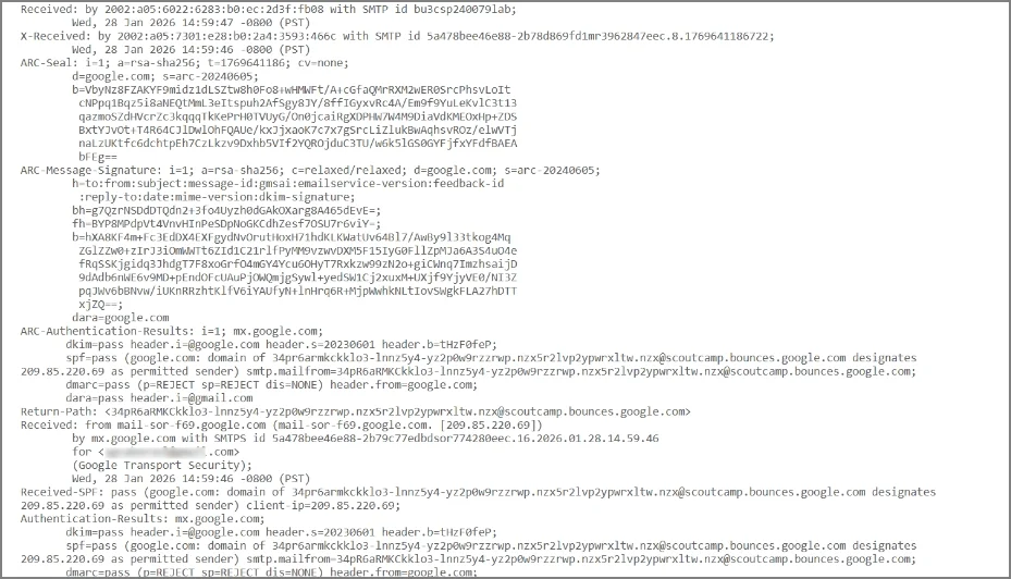 analyze gmail email header code