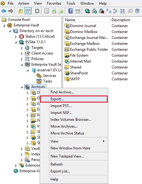 Right click Archives and select Export option