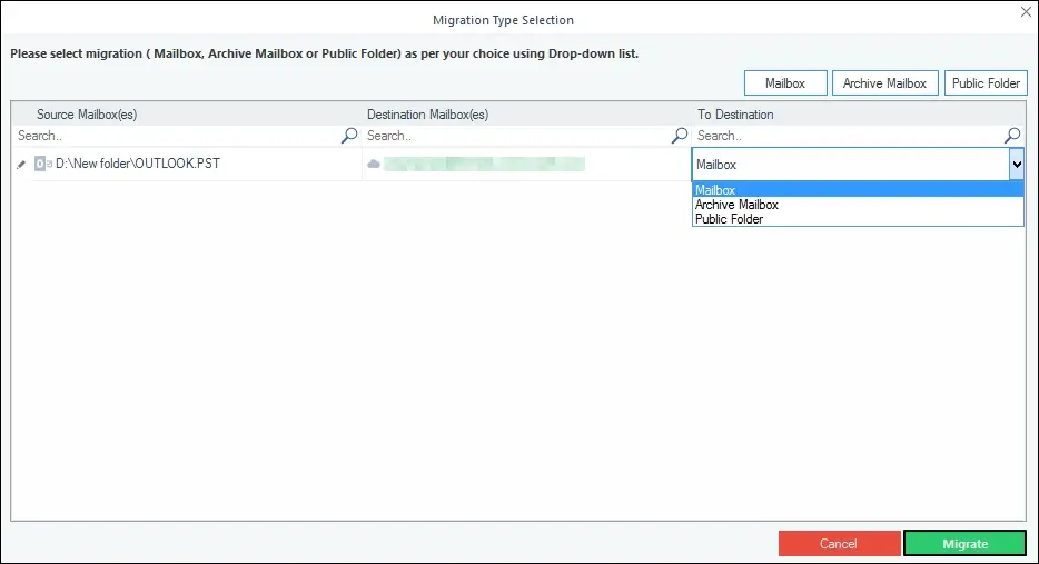 choose where to upload the PST file 
