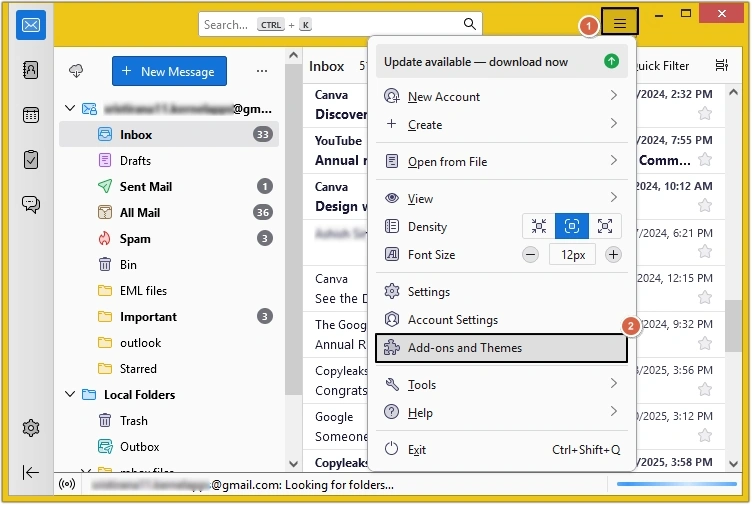 Launch Thunderbird and click on Menu 