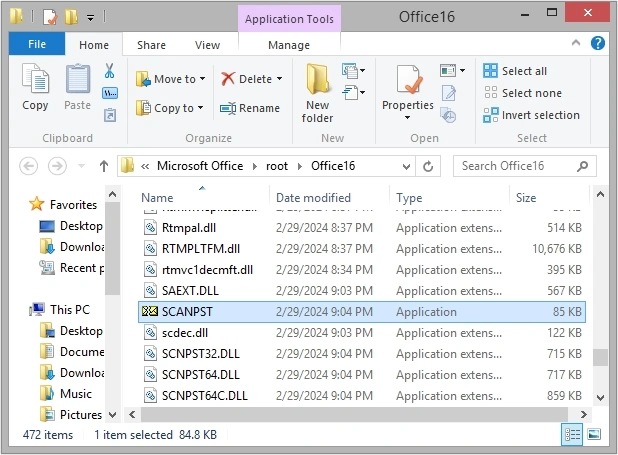 Close Outlook application and locate SCANPST on your computer