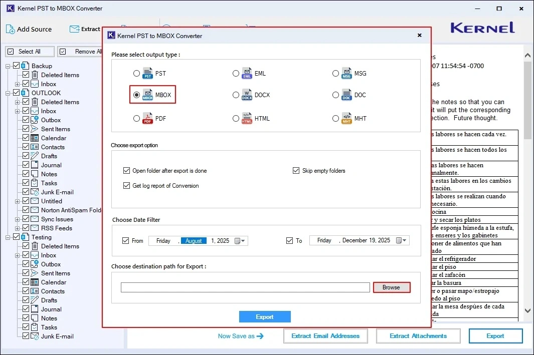 Click on Browse to select a destination path 