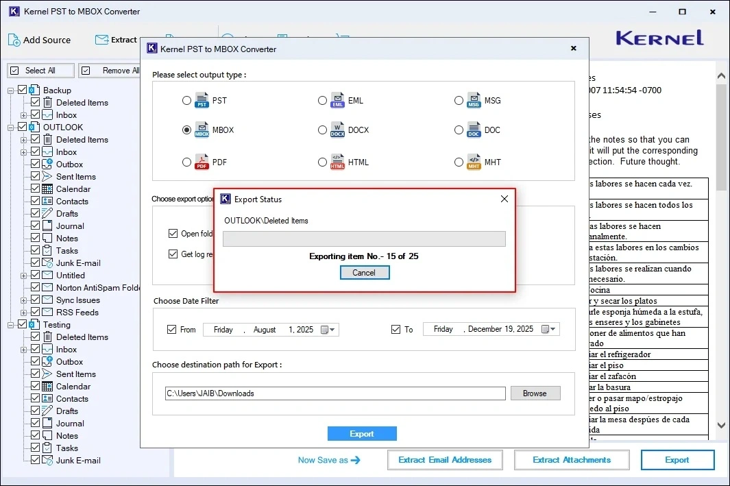 software will start processing the PST files 