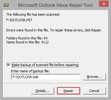 click Repair to begin the repairing process