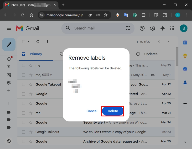 Click the Delete button to confirm the removal process.
