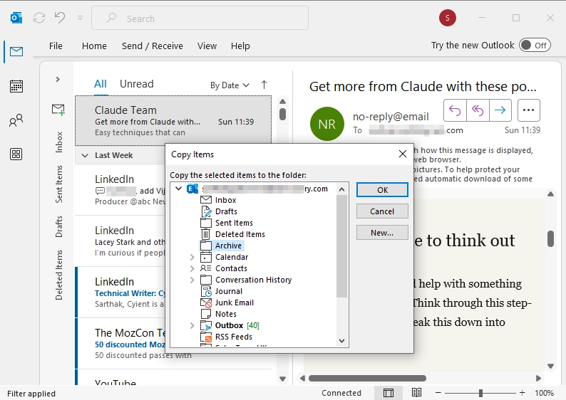 Select the Office 365 mailbox folder to which you want to move the emails 
