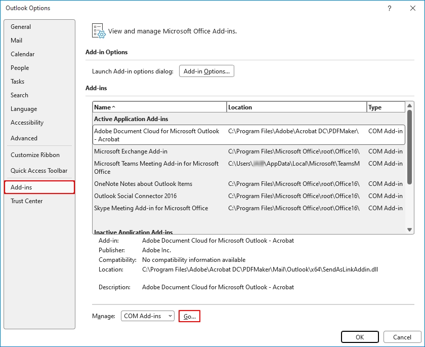 select COM Add ins in the Manage box