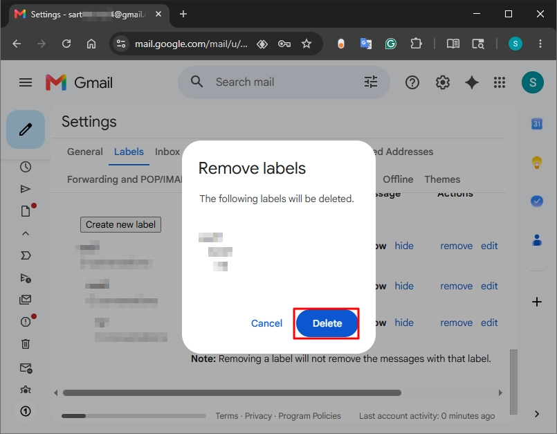 Click Delete to delete a label in Gmail