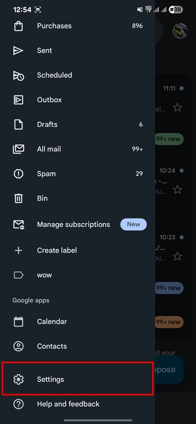 Select the Settings option and choose the Gmail account 